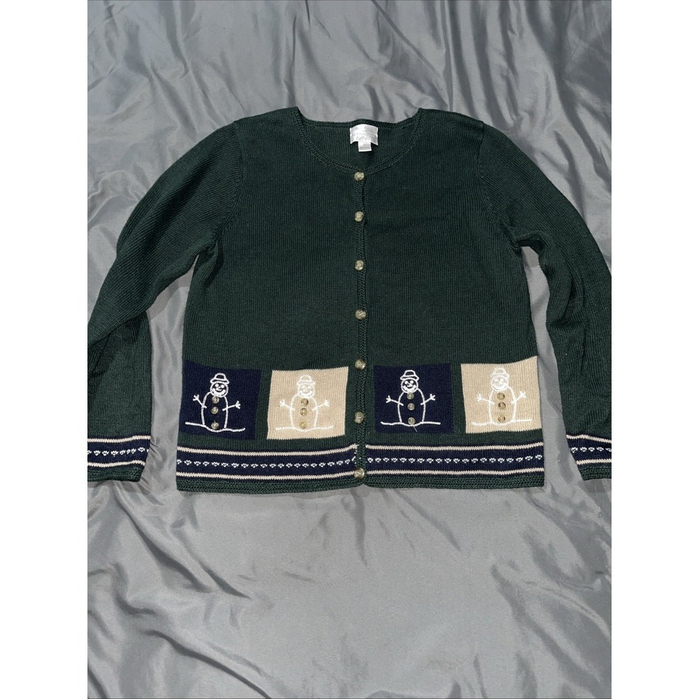 Christopher & Banks Women's Green Snowman Hand Crochet Button Up Cardigan Size L
